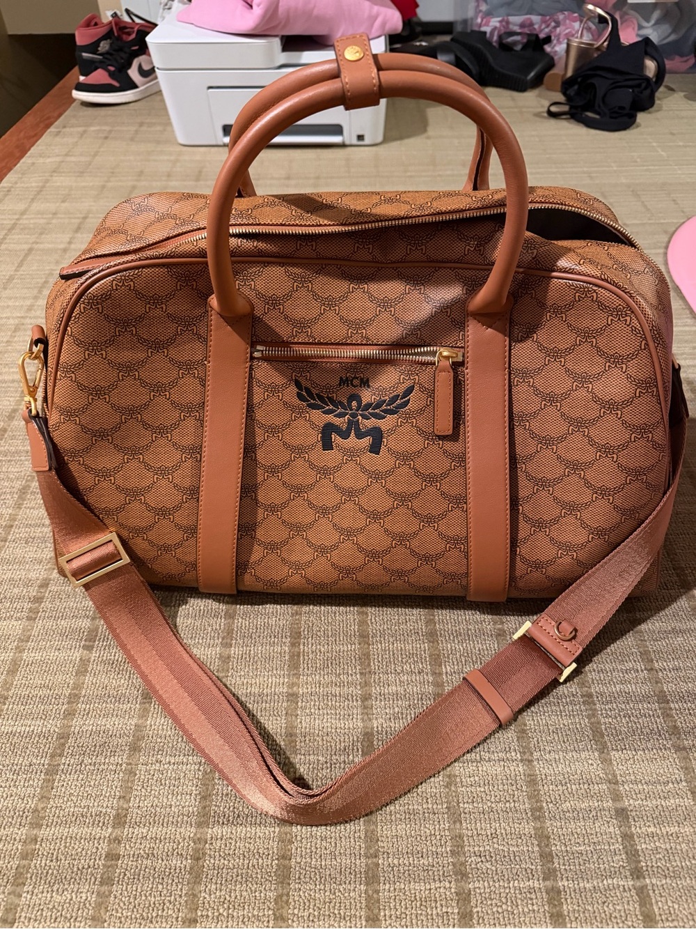MCM Tan Cognac Monogram Travel Duffel with Shoulder Strap NWOT